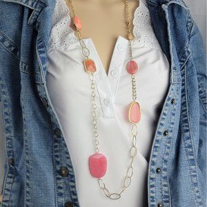 Long Asymmetrical Pink Jeweled Gold Tone Chain Station Necklace Adjustable